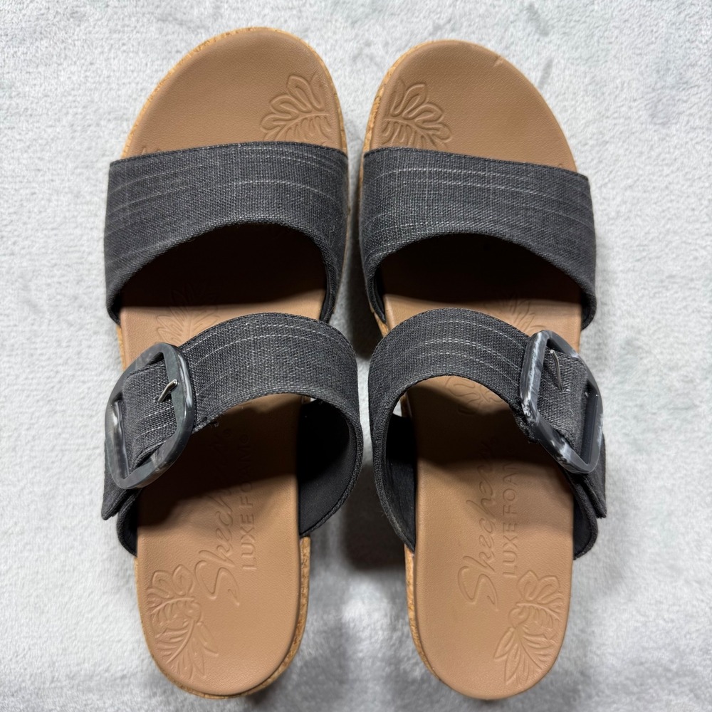 Skechers Brystol Size 11 Black Cork Wedge Sandals Boho Casual Resort Comfort